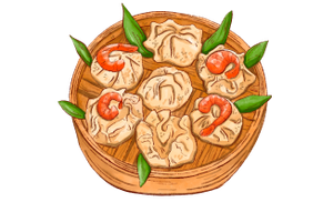 A wooden tray filled with dim sum and shrimp on a white background.