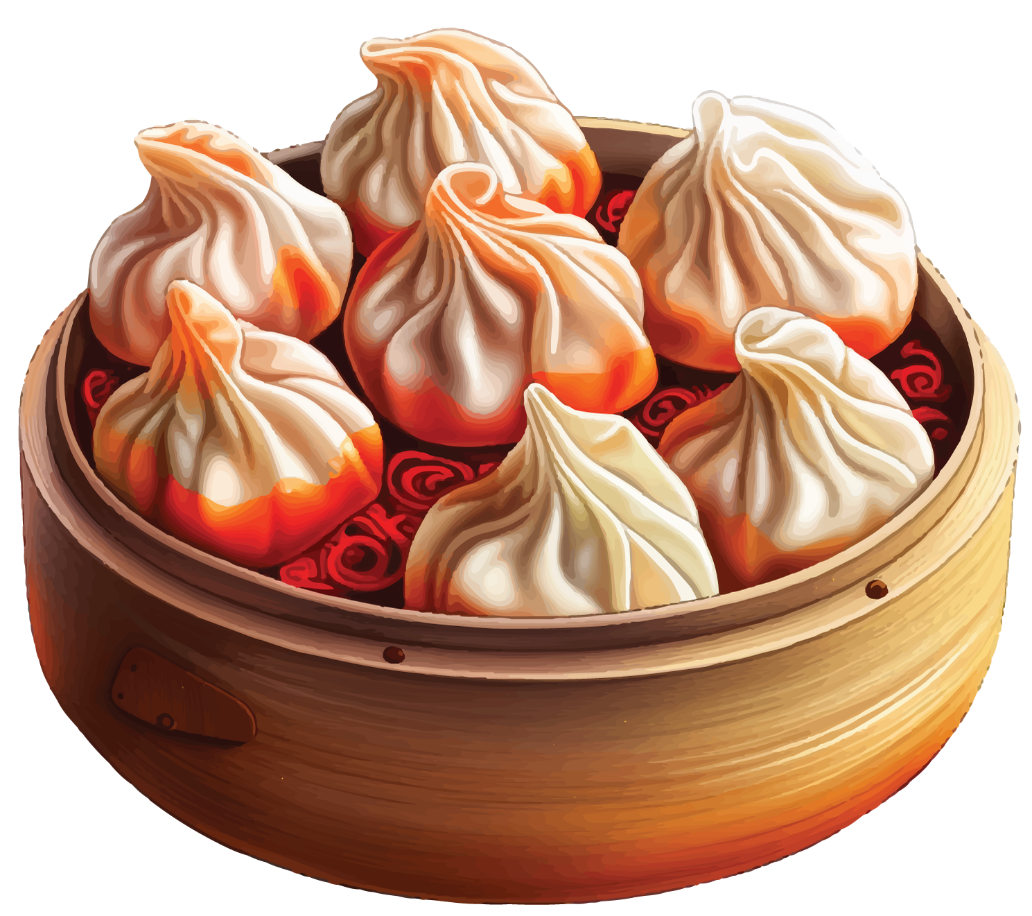 A bunch of dumplings are in a bamboo steamer.