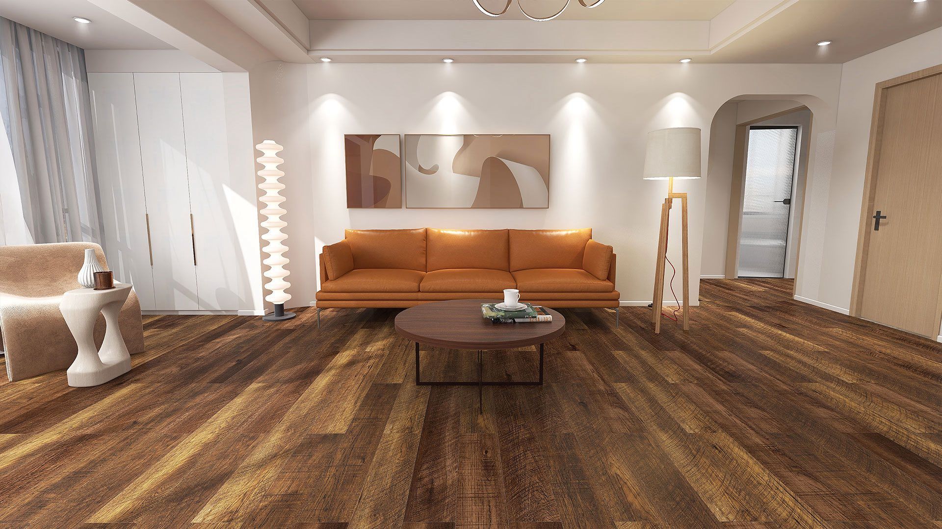 Living room with brown hardwood floor, orange sofa, abstract art, and arched doorway.