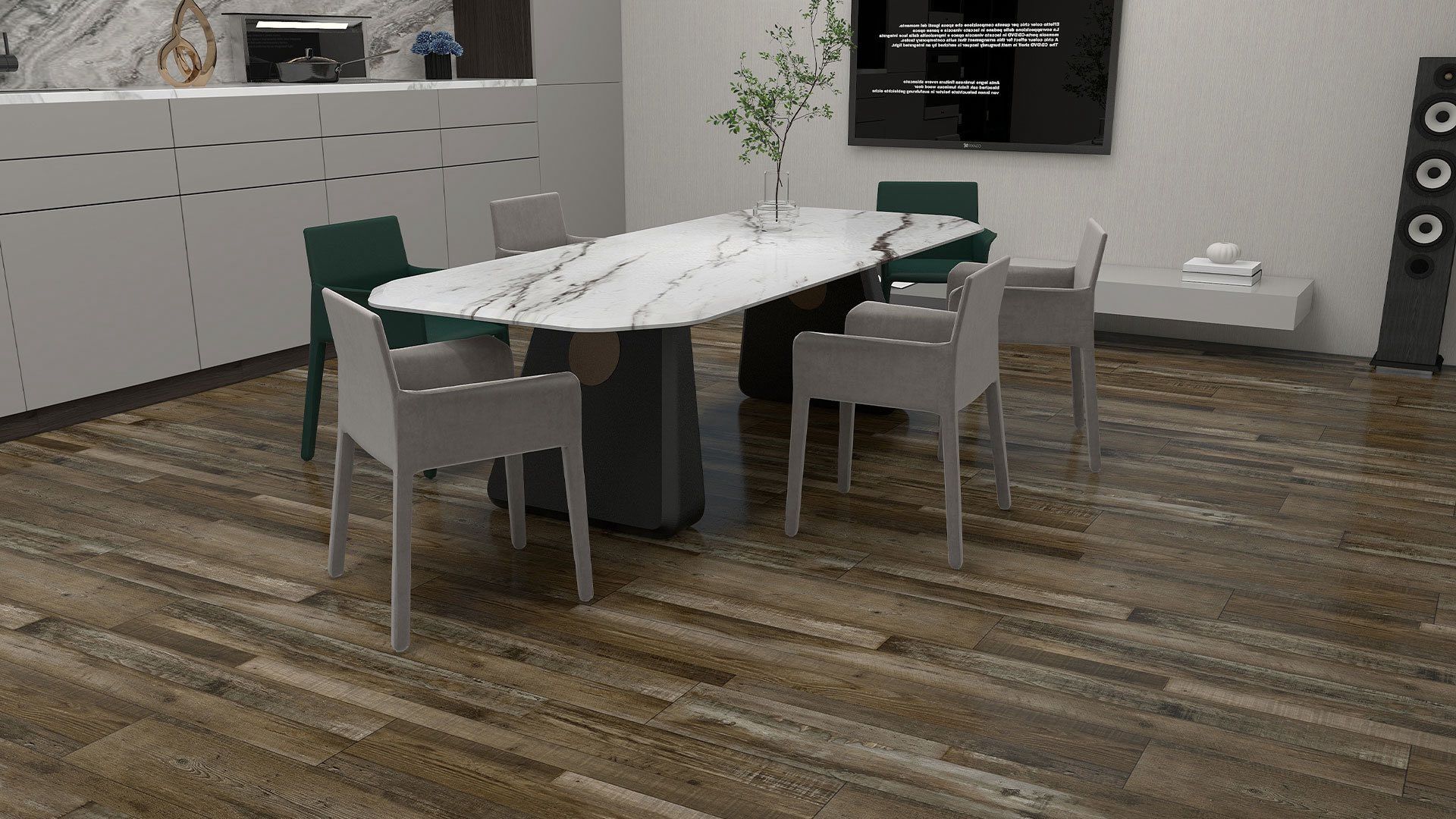 A modern dining room with a marble table, six chairs, and a television.