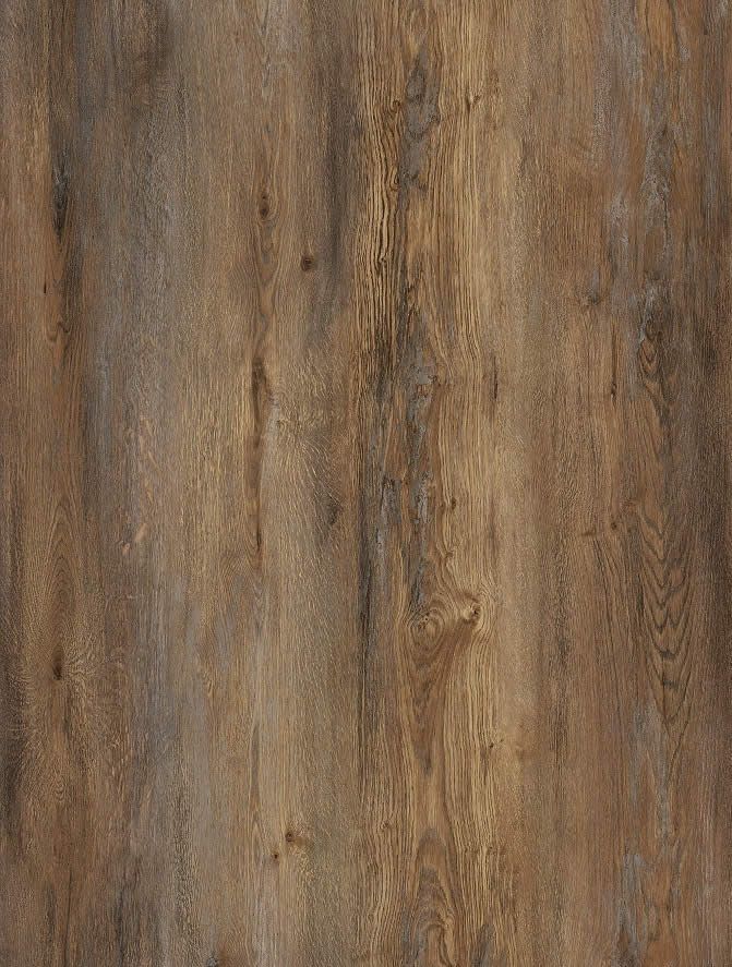 Wood-look flooring with brown and gray tones, vertical grain pattern.