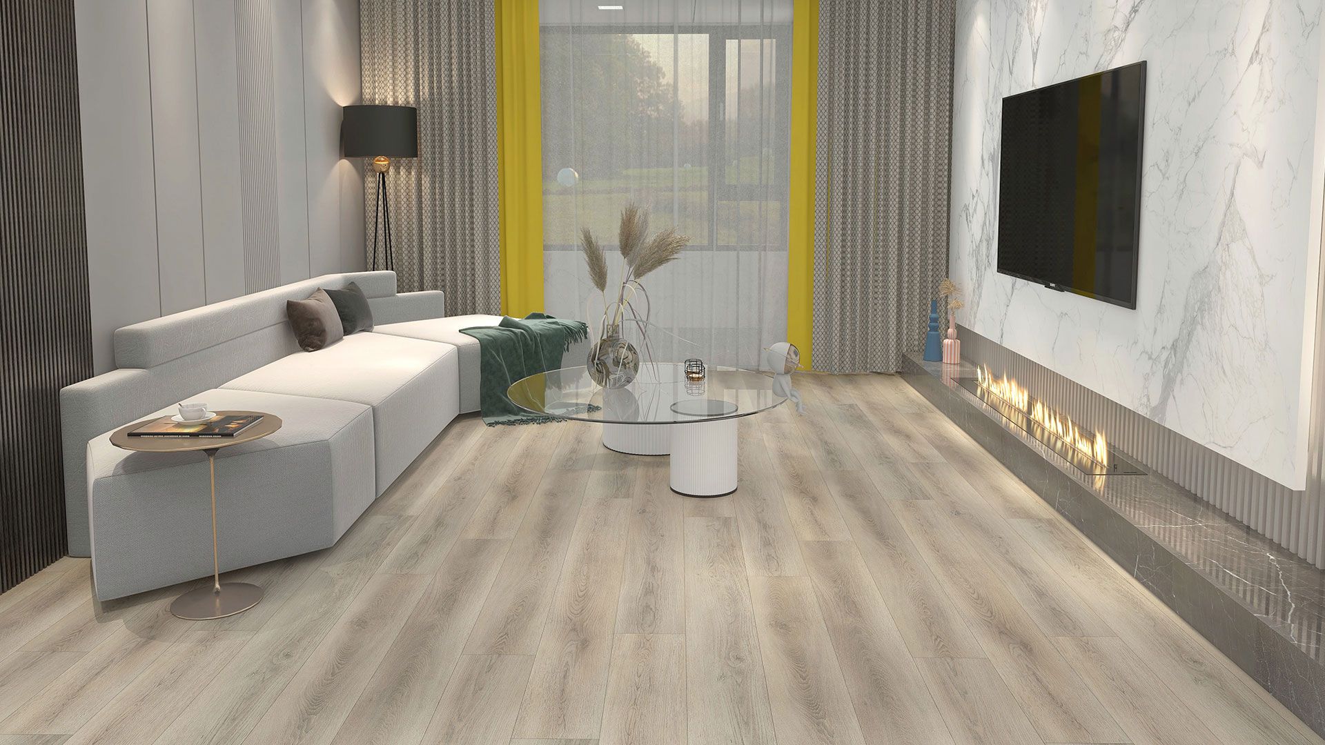 Modern living room with sectional sofa, fireplace, TV, and light wood floors.