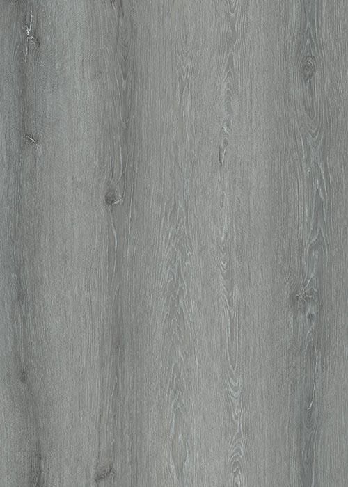 Gray wood-look flooring with vertical grain pattern, featuring knots and variations in tone.