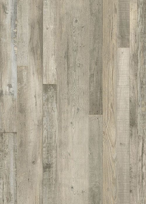 Wood-look flooring with vertical planks in shades of gray and beige, simulating aged wood.