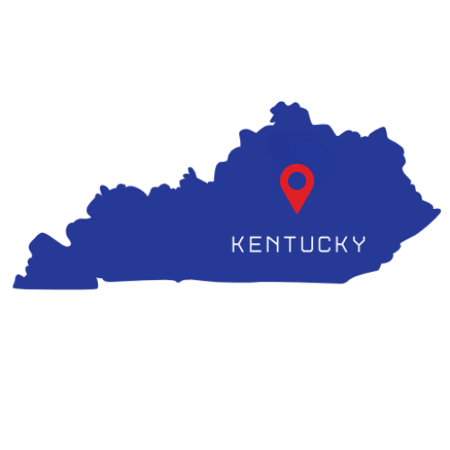 A blue map of kentucky with a red pin on it.