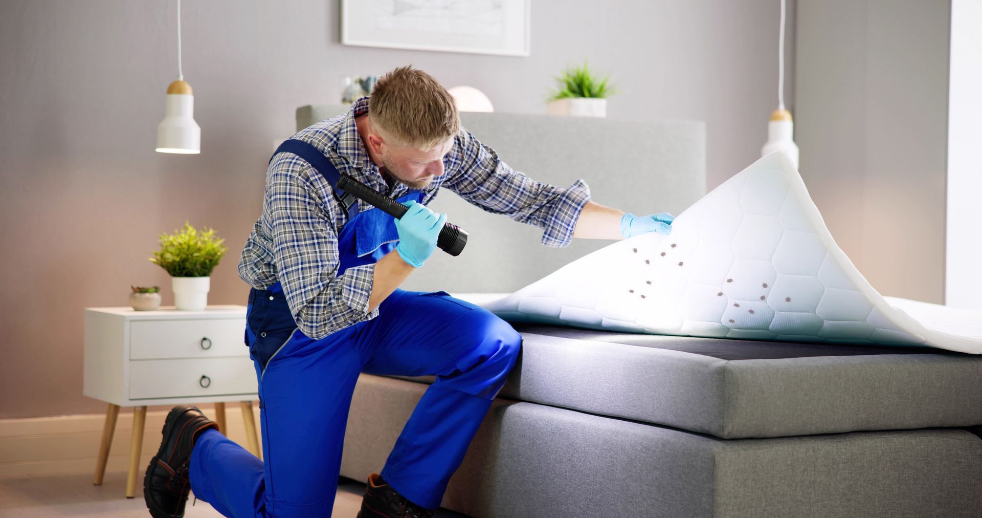 A pest control technician inspecting a mattress for bedbugs in a bedroom.