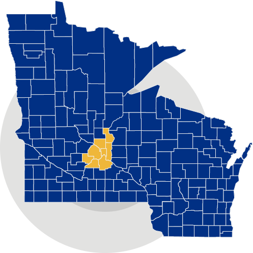 A map of the state of minnesota with a yellow area highlighted in the middle.