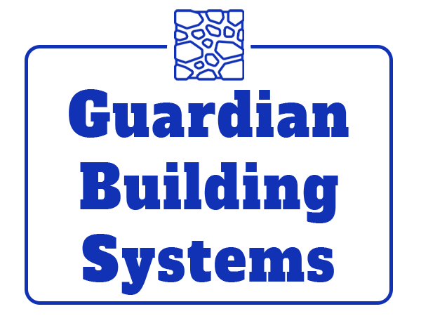 A blue sign that says Guardian Building Systems on it