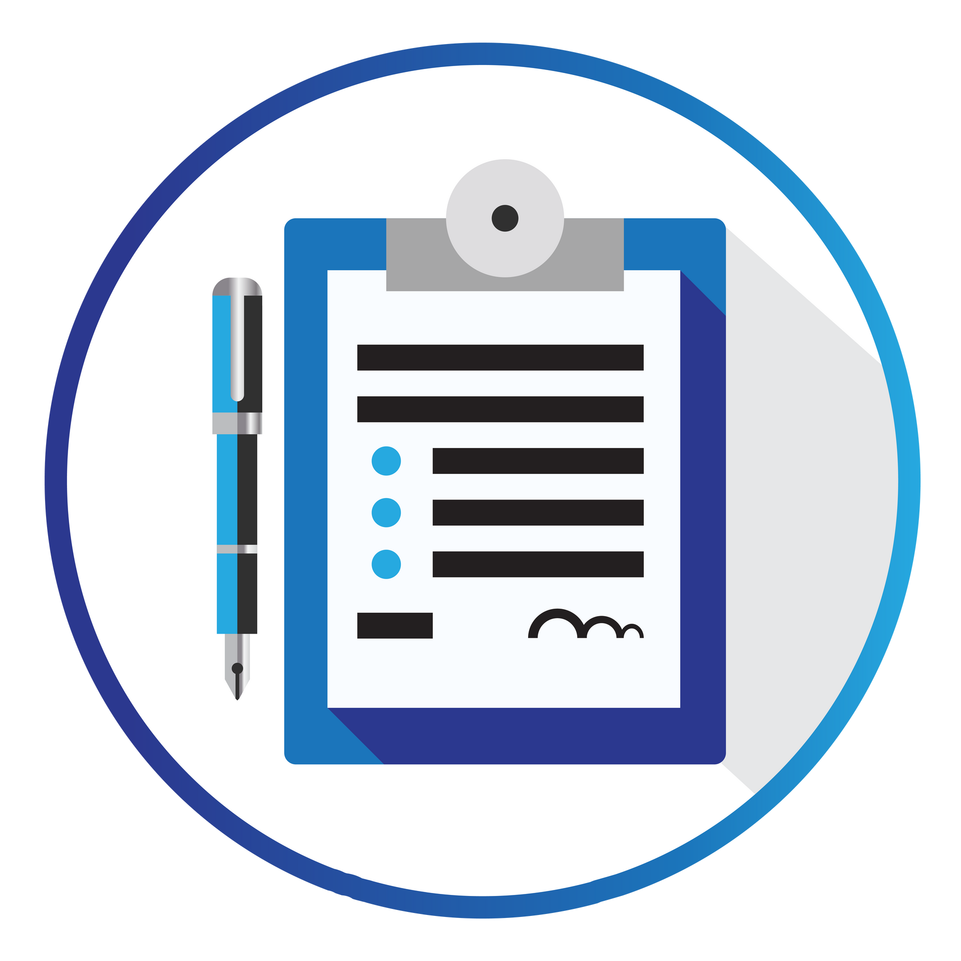 An icon of a clipboard with a pen on it.