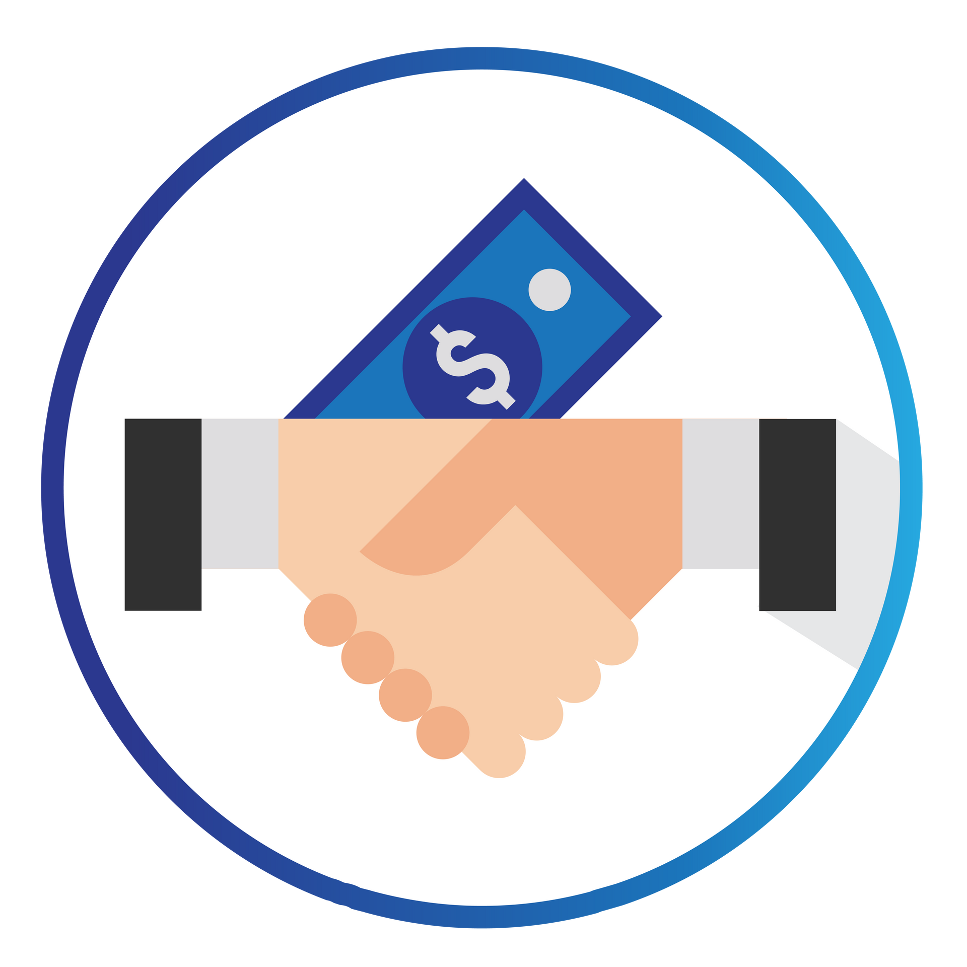 A handshake with a dollar bill sticking out of it.