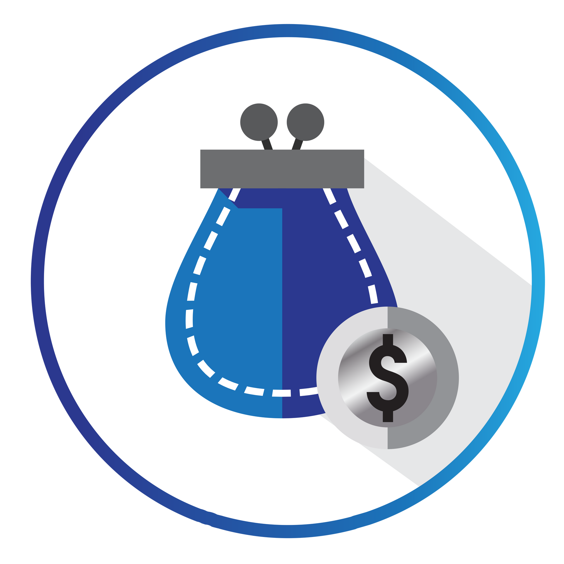 A blue purse with a dollar sign on it in a circle.