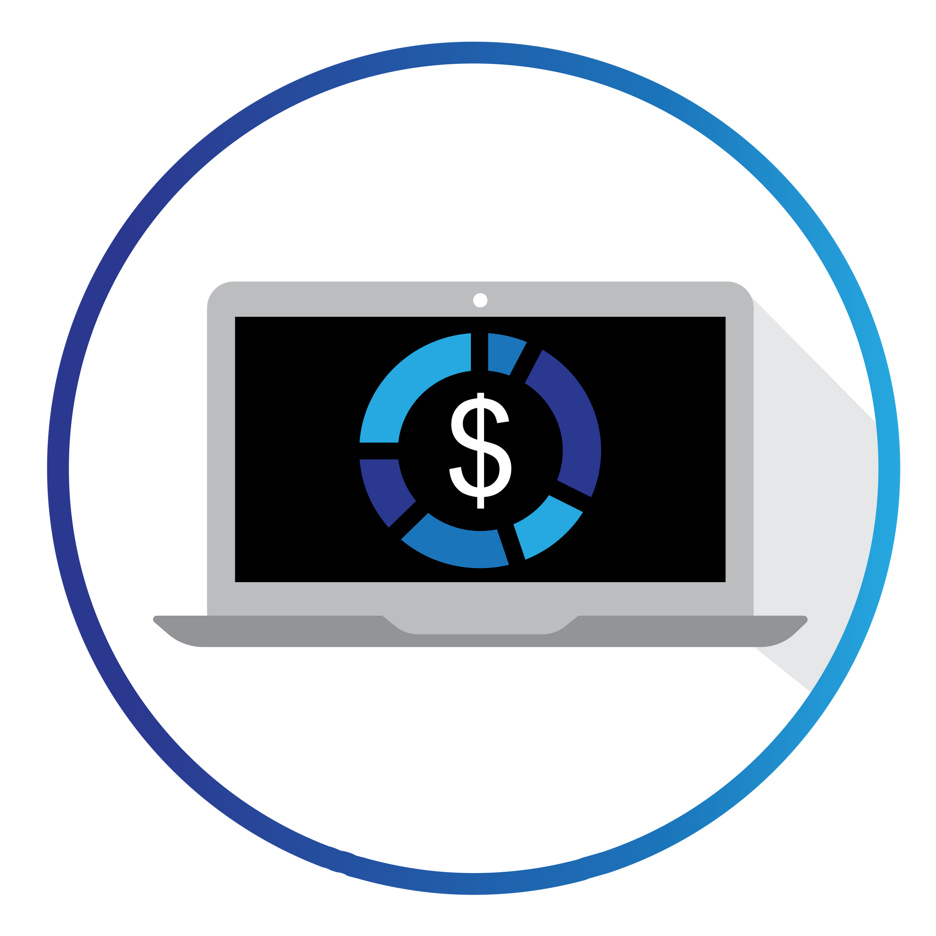 A laptop computer with a dollar sign on the screen.