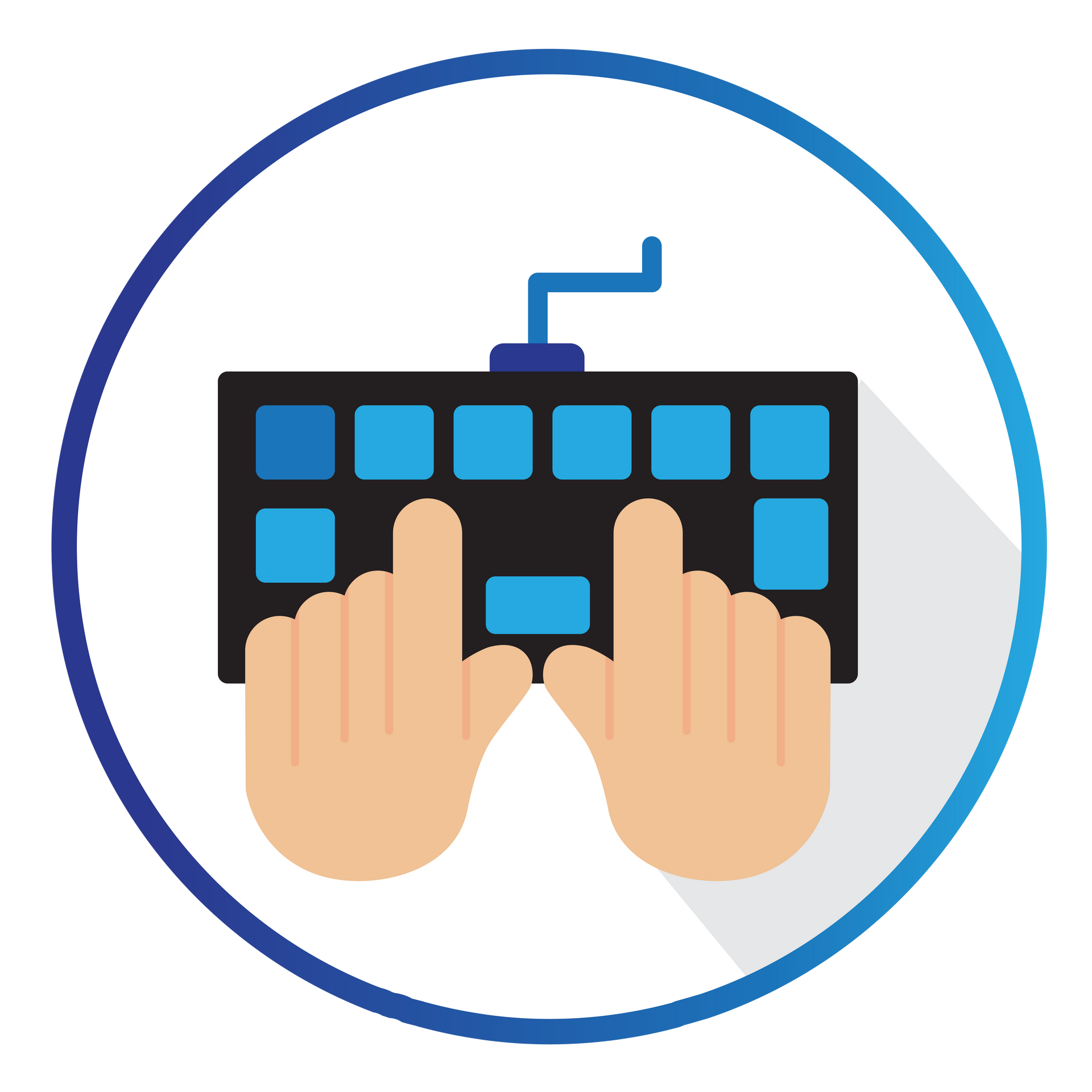 A pair of hands typing on a keyboard in a circle.
