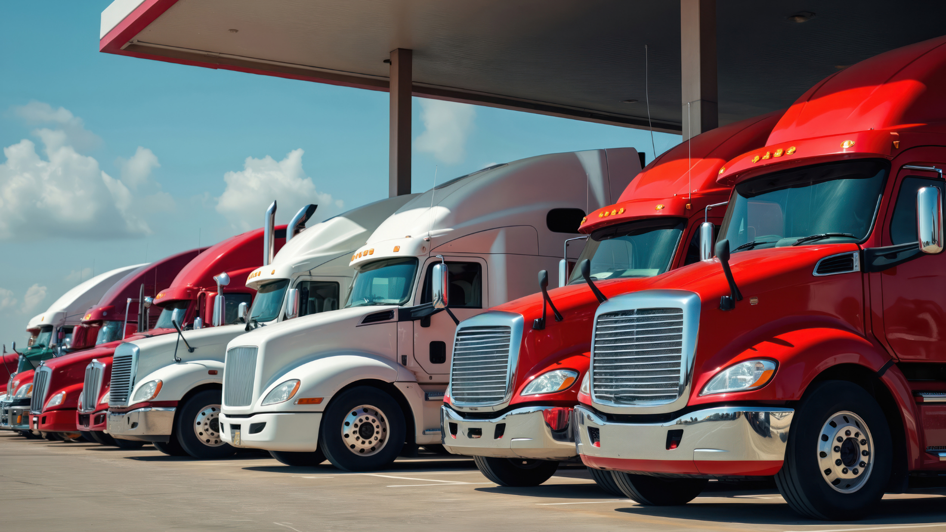 Row of colorful semi-trucks parked under a canopy, with red and white cabs in a truck stop lot.