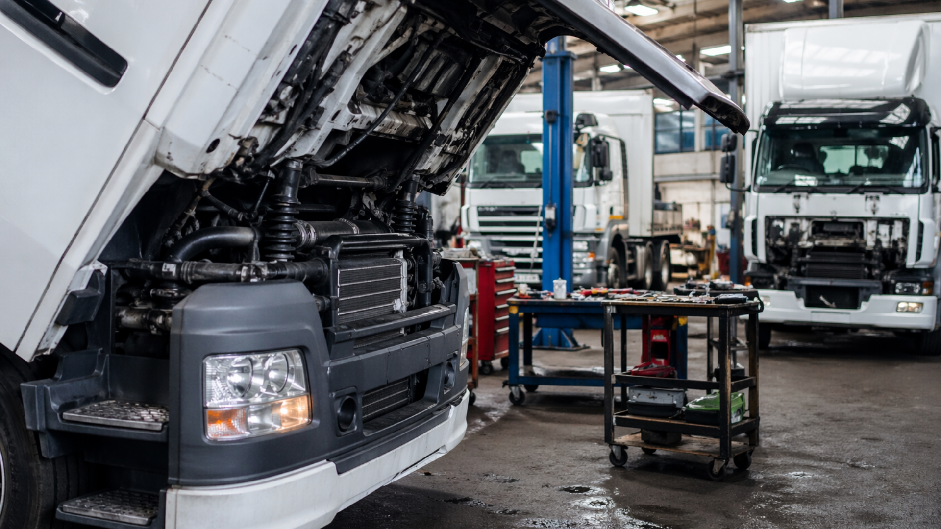 Truck engine bay open in a repair shop, with another truck in the background.