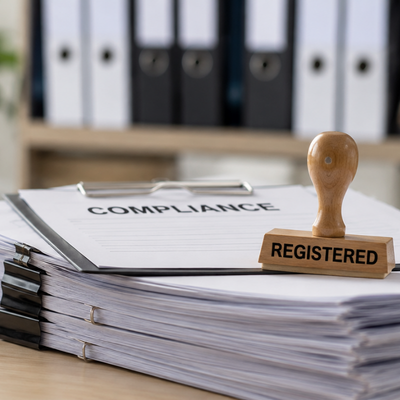 Stack of compliance documents with a wooden registered stamp on an office desk.