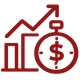 Red upward trend chart and line graph with a stopwatch and dollar sign icon, suggesting financial growth over time