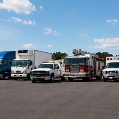 Fire trucks and work trucks parked on a paved lot under a blue sky