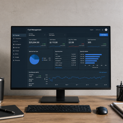 Desktop computer dashboard on a monitor, showing dark analytics charts and metrics on a desk