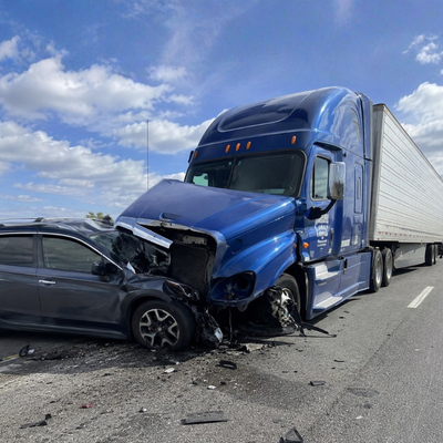Blue semi-truck crashed into a black sedan on a highway, with heavy front-end damage and debris.
