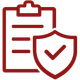 Red clipboard with lines and a shield checkmark icon in maroon outline