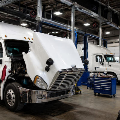 White semi-truck with raised hood in a repair garage, with another truck and tool cart nearby