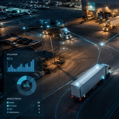 Nighttime logistics yard with several trucks and glowing data overlays tracking fleet status.