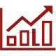 Red bar chart with an upward-trending arrow, symbolizing growth or increasing performance.