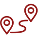 Two red map pins connected by a winding red route line on a white background