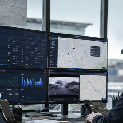 Security monitoring desk with multiple dashboard screens showing maps, charts, and live traffic feeds