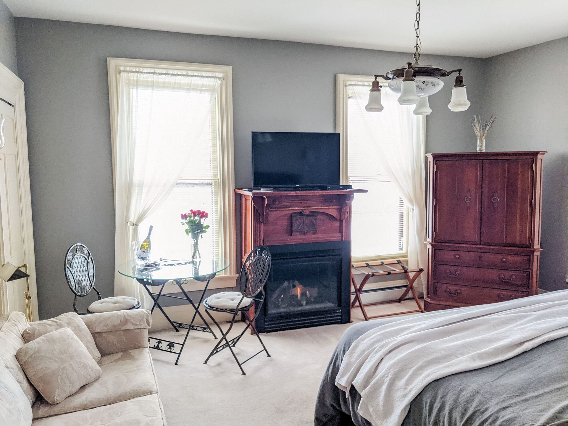 There is a fireplace in the middle of the room.