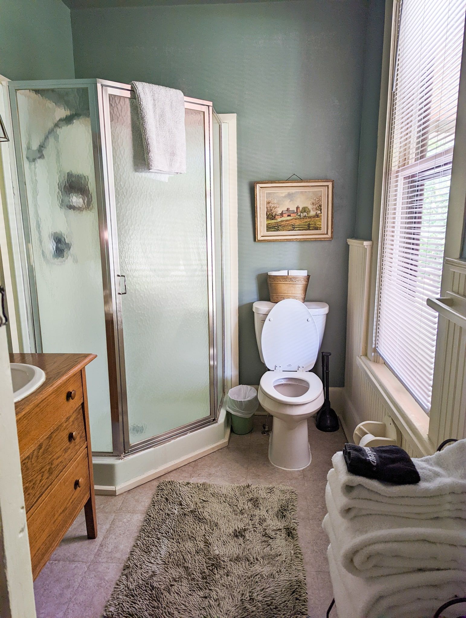 A bathroom with a toilet , sink , shower and window.