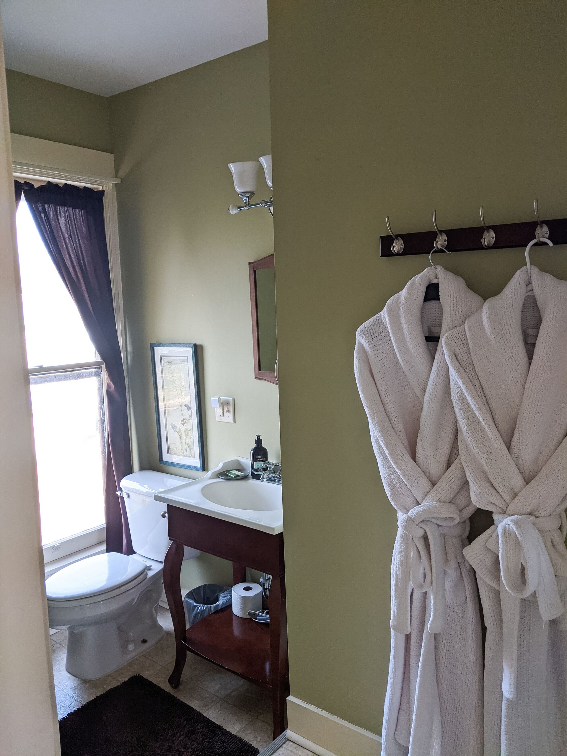A bathroom with two bathrobes hanging on a hook