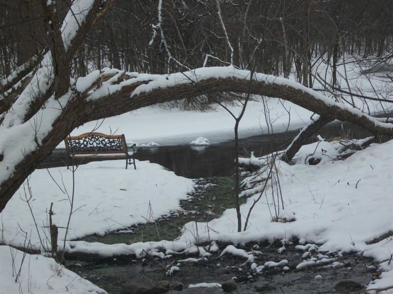 A snowy river with a bench in the foreground