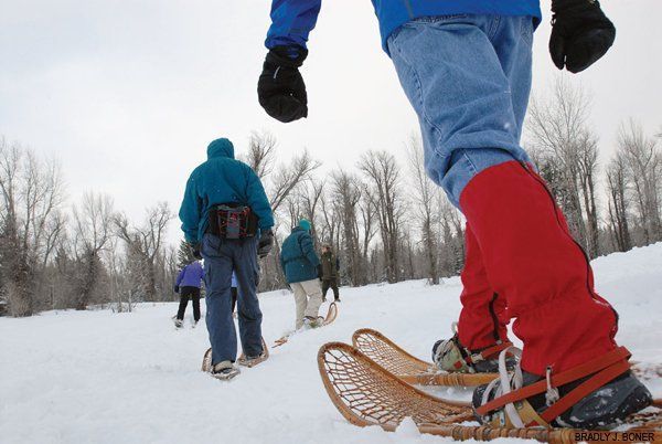 A group of people are snowshoeing in the snow