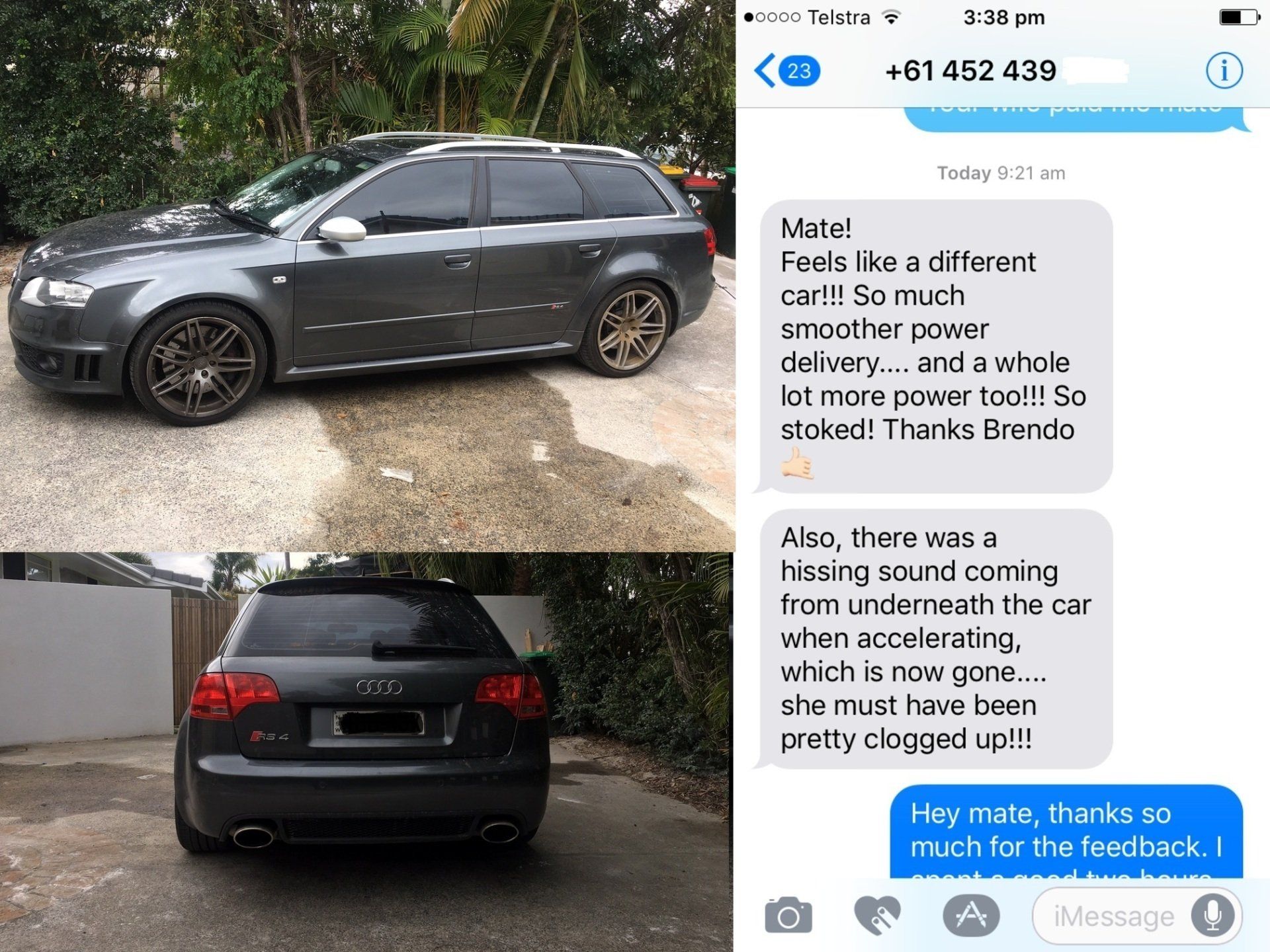 A car is parked in a driveway next to a text message.