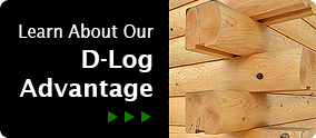 Promotional graphic for D-Log advantage, with stacked log corners and green arrows on black background