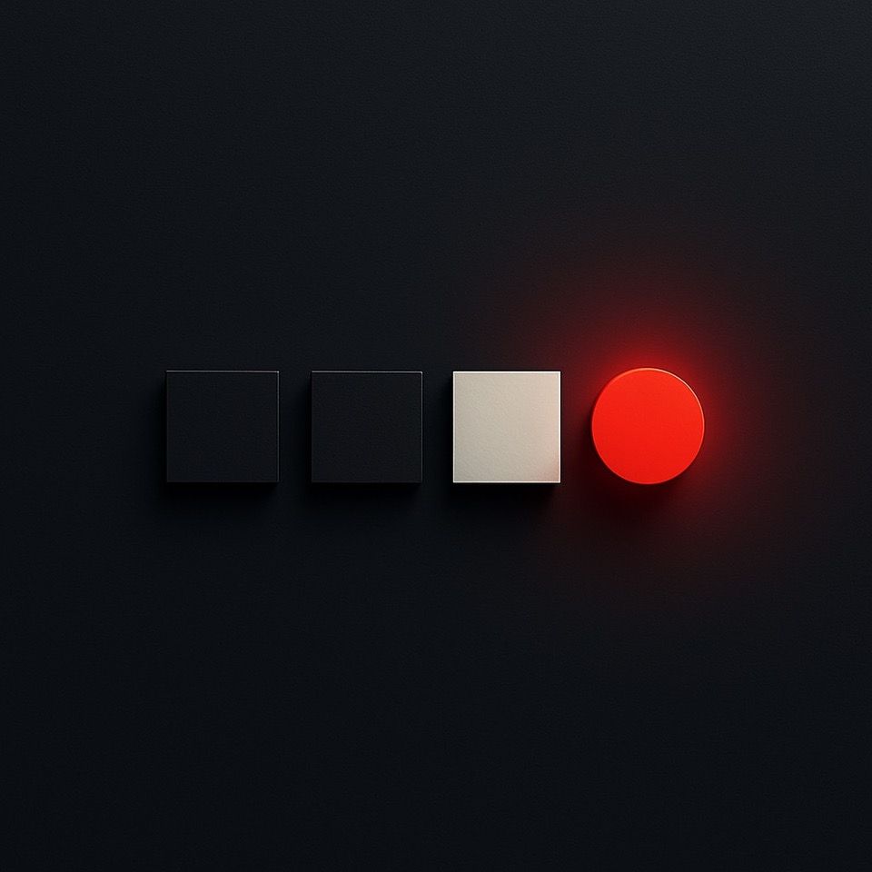 Three black squares and a red circle on a black background.