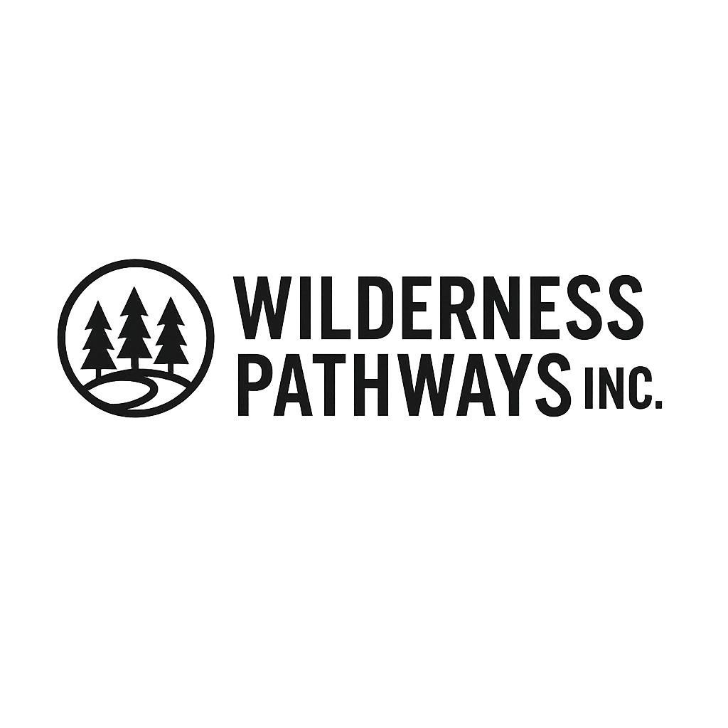 A black and white logo for wilderness pathways inc.