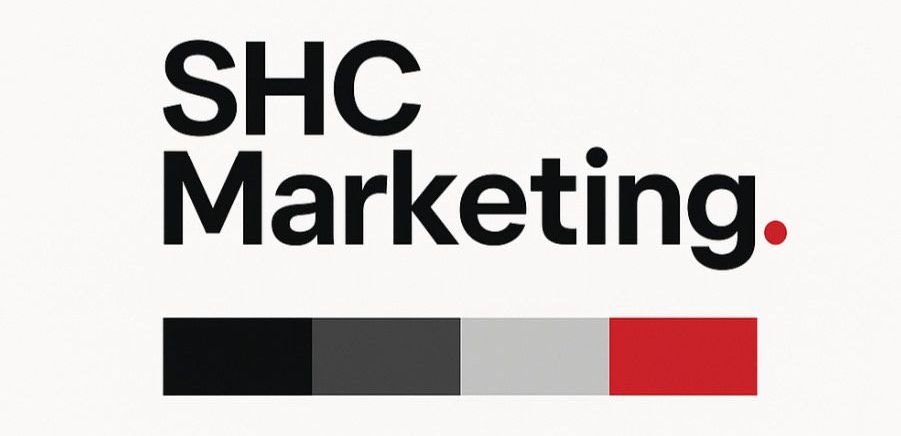 The logo for shc marketing is black and red with a palette of colors.