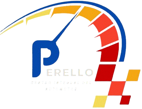 Logotipo de Pirello azul y rojo estilo velocímetro con una “P” estilizada y cuadrados a cuadros.