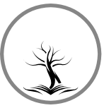 Black tree sprouting from an open book inside a gray circle logo