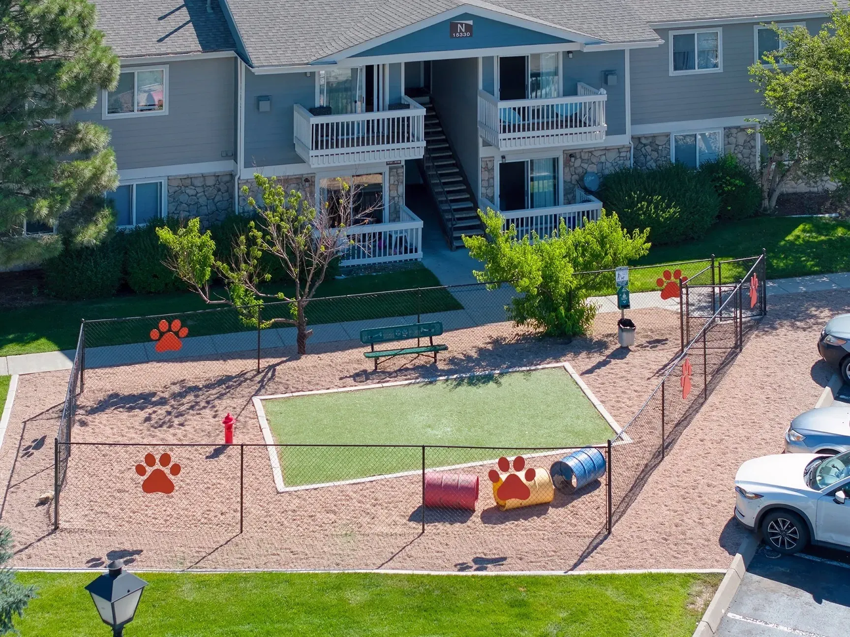 Apartment courtyard with dog agility setup, paw prints, obstacles, and a parked white car