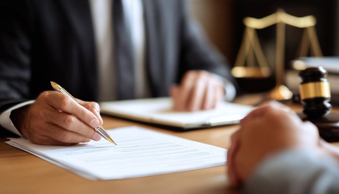 Person in suit signing documents at a desk, with scales of justice and a gavel in the background.