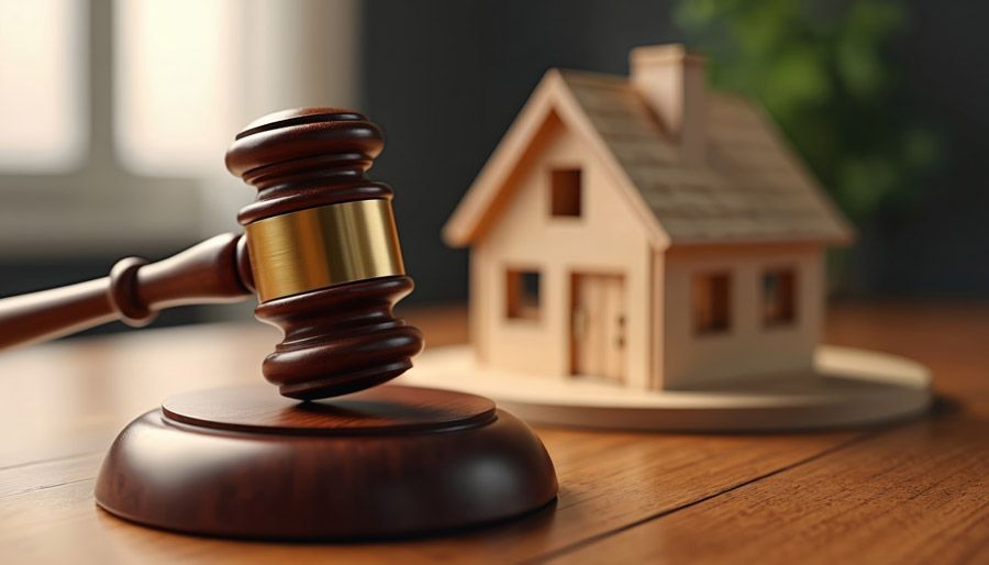 Wooden gavel and house model on a table, symbolizing a real estate auction.