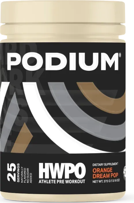 Container of Podium HWPO pre-workout, orange cream pop flavor. Cream and black label with white and orange design.