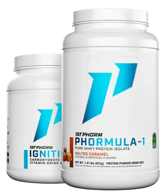 Two white supplement containers with blue logos and text: