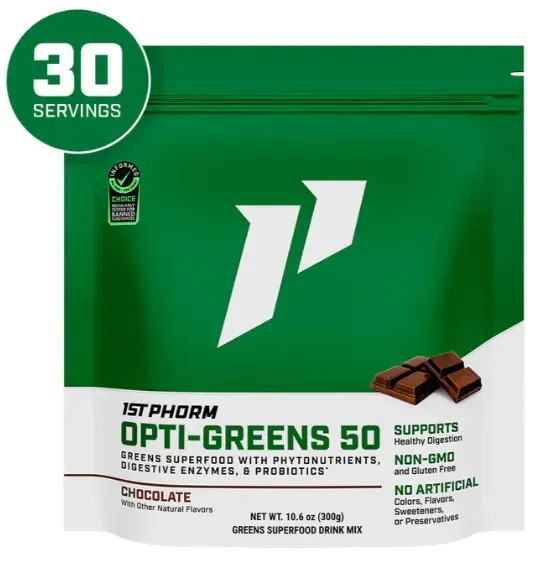 Green bag of 1st Phorm Opti-Greens 50 chocolate superfood drink mix with 30 servings.