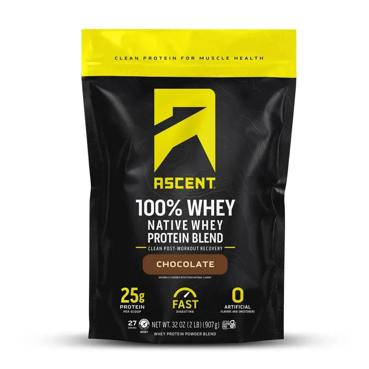 Black Ascent protein powder bag with yellow accents; chocolate flavor.