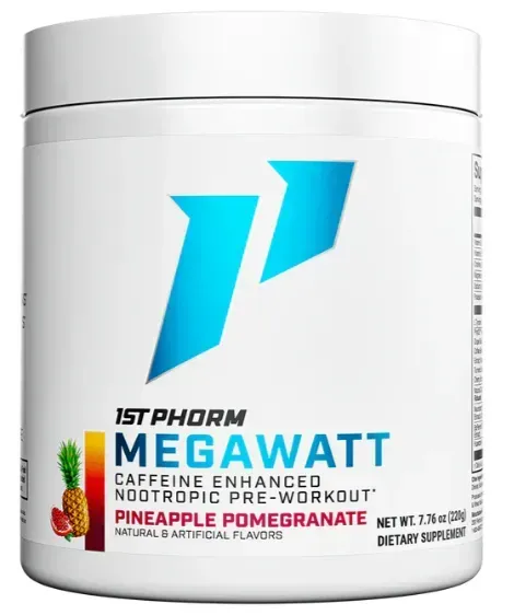 White tub of 1st Phorm MegaWatt pre-workout, pineapple pomegranate flavor, with a blue